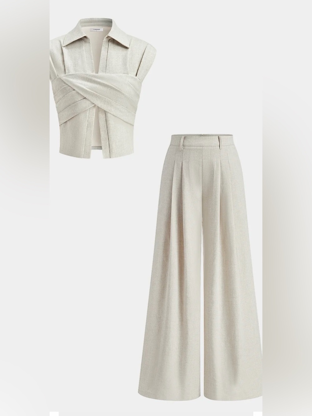 Commense 2pc Beige Wide-Leg High-Waist Trousers & Top
